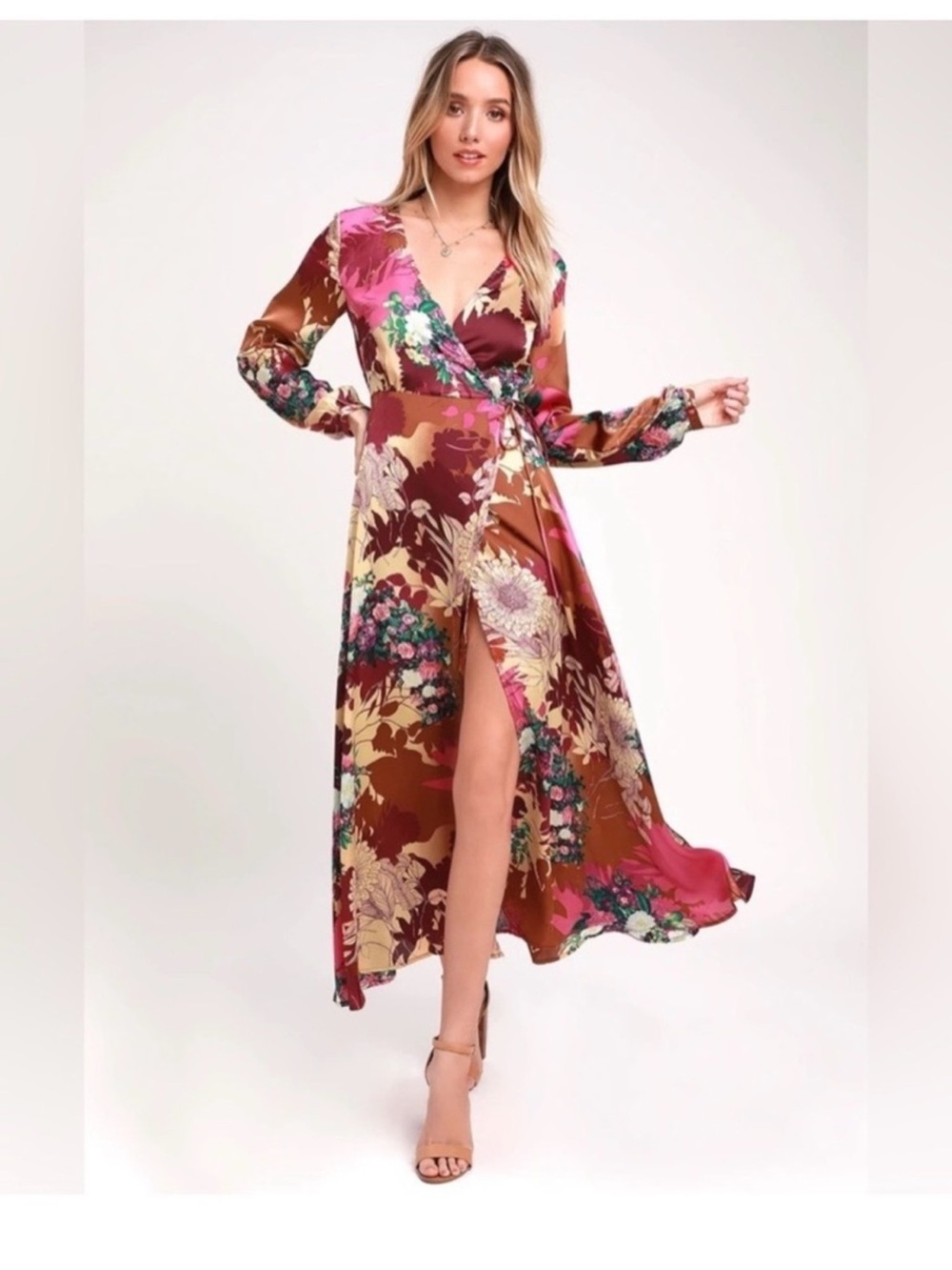 Lulu's Put On A Smile, Burgundy floral print satin wrap maxi dress